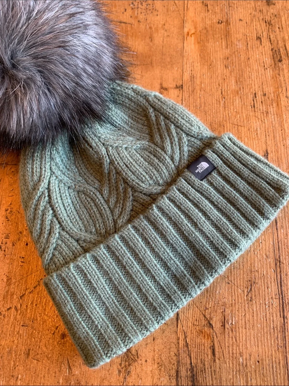 The North Face Kids Sage Green Cable Knit Pom Beanie